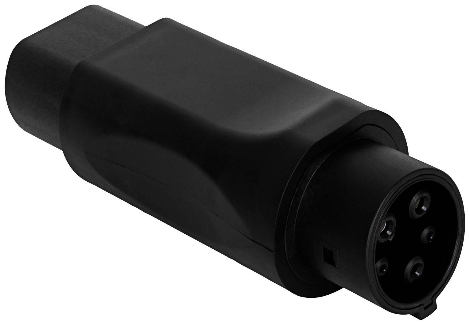 Czarny elektryczny adapter z wieloma okrągłymi stykami przyłączeniowymi, odpowiedni do podłączenia przewodu ładującego do pojazdu.