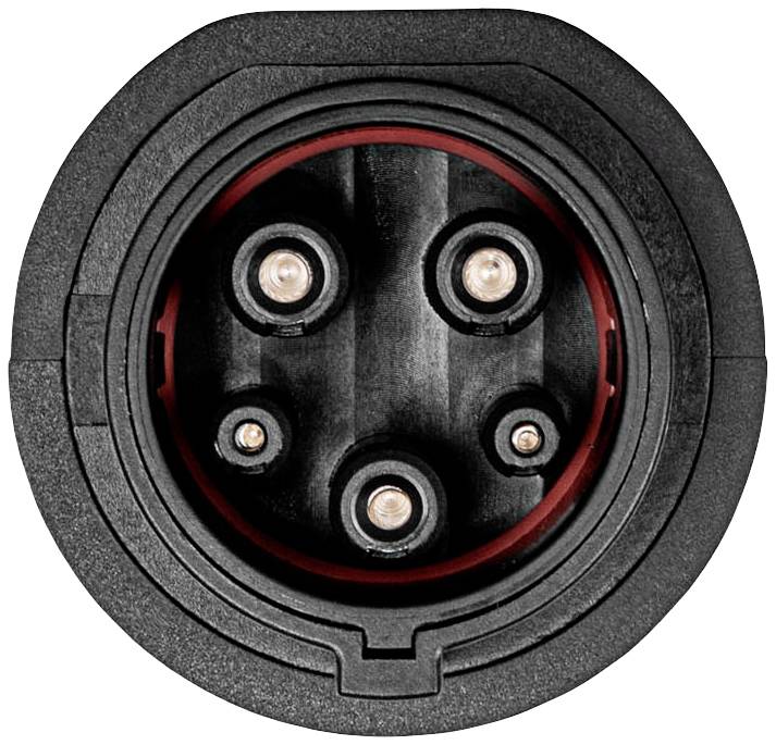 Okrągły złącze ze złoconymi stykami, symetrycznie rozmieszczonymi pięcioma metalowymi pinami, ukazane na czarnym tle.