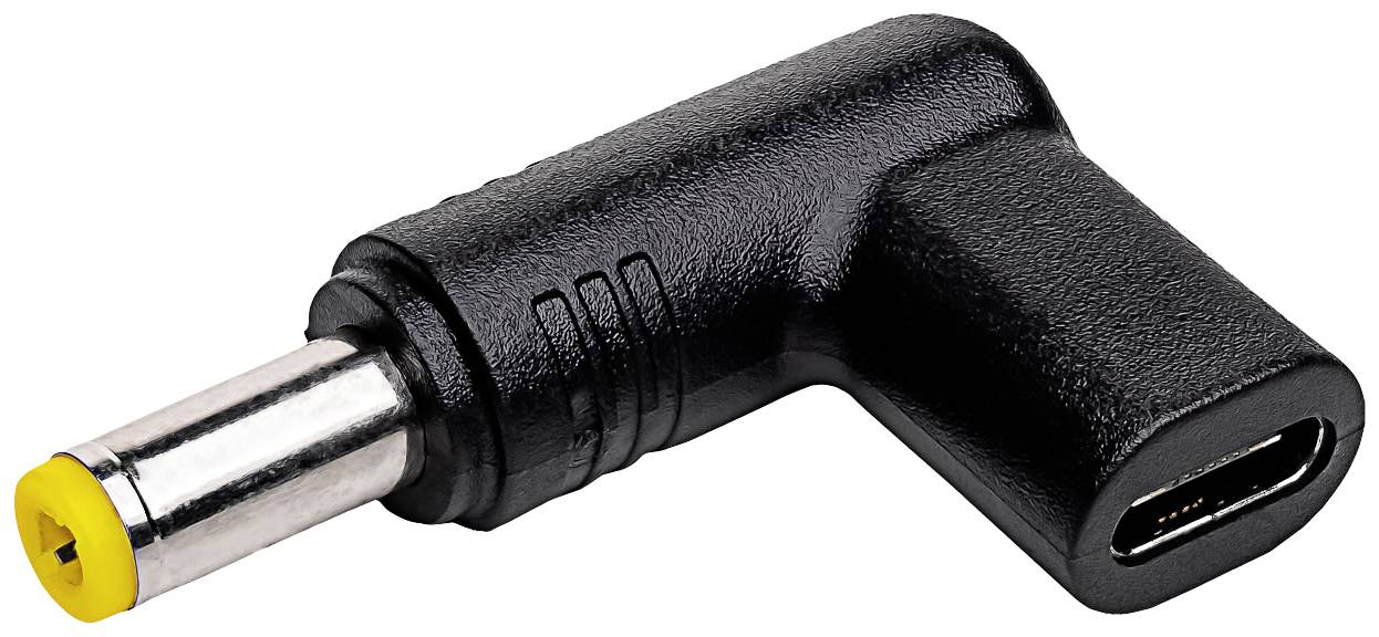 Czarny adapter z żółtym końcem, łączący złącze DC (wtyk cylindryczny) z USB. Używany głównie do kabli ładujących lub zasilaczy.