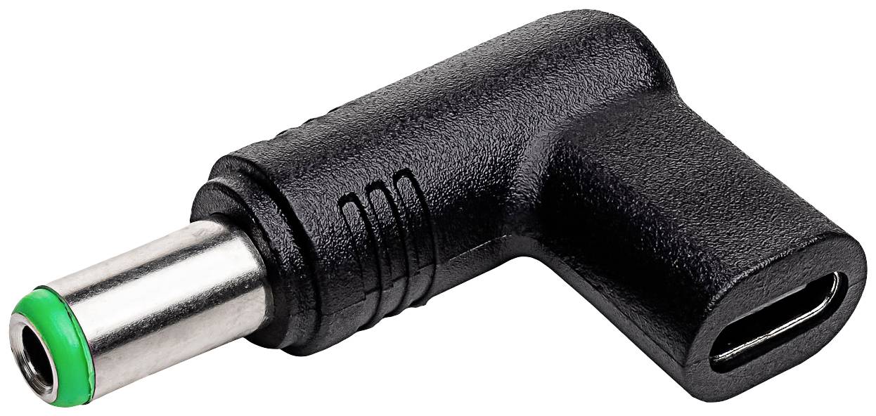 Czarny adapter z gniazdem USB-C po jednej stronie i zielonym okrągłym wtykiem po drugiej stronie.