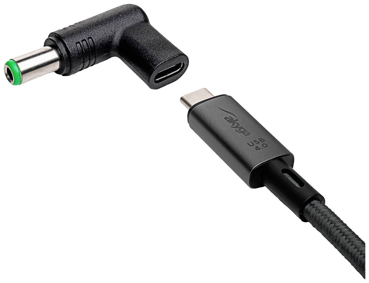 Czarny adapter z USB-C z wtyczką 90-stopniową, przedstawiony z dwóch perspektyw: u góry wtyczka, u dołu złącze USB-C.