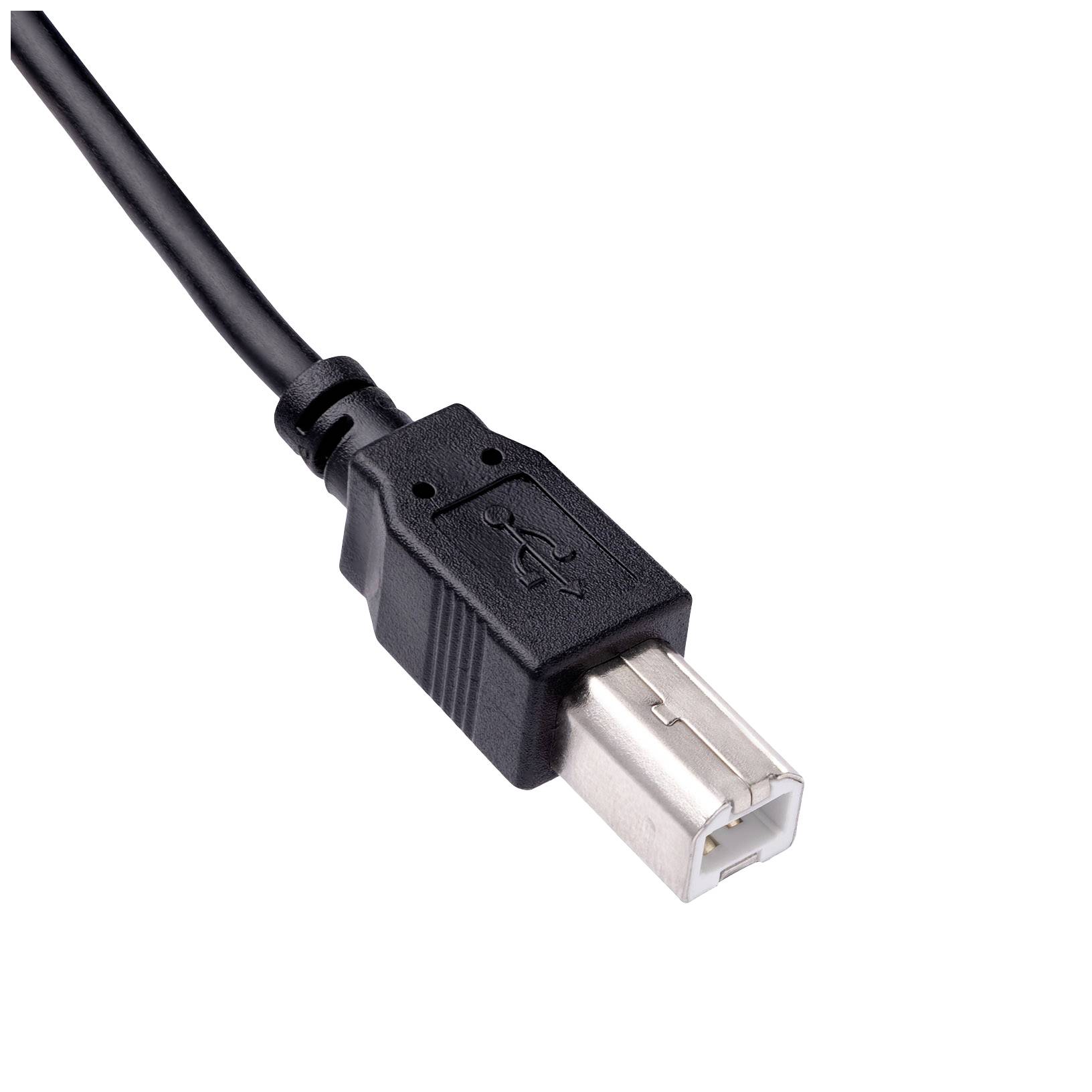 Czarny kabel USB z wtyczką kwadratową, typowo stosowany do drukarek lub połączeń urządzeń.