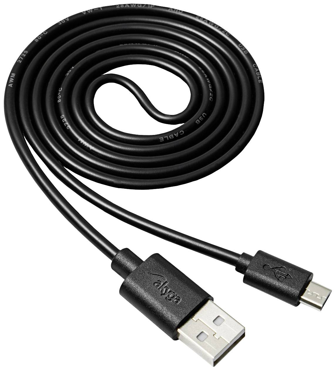 Czarny kabel USB z wtyczką USB-A po jednej stronie i wtyczką Micro-USB po drugiej stronie, starannie zwinięty.
