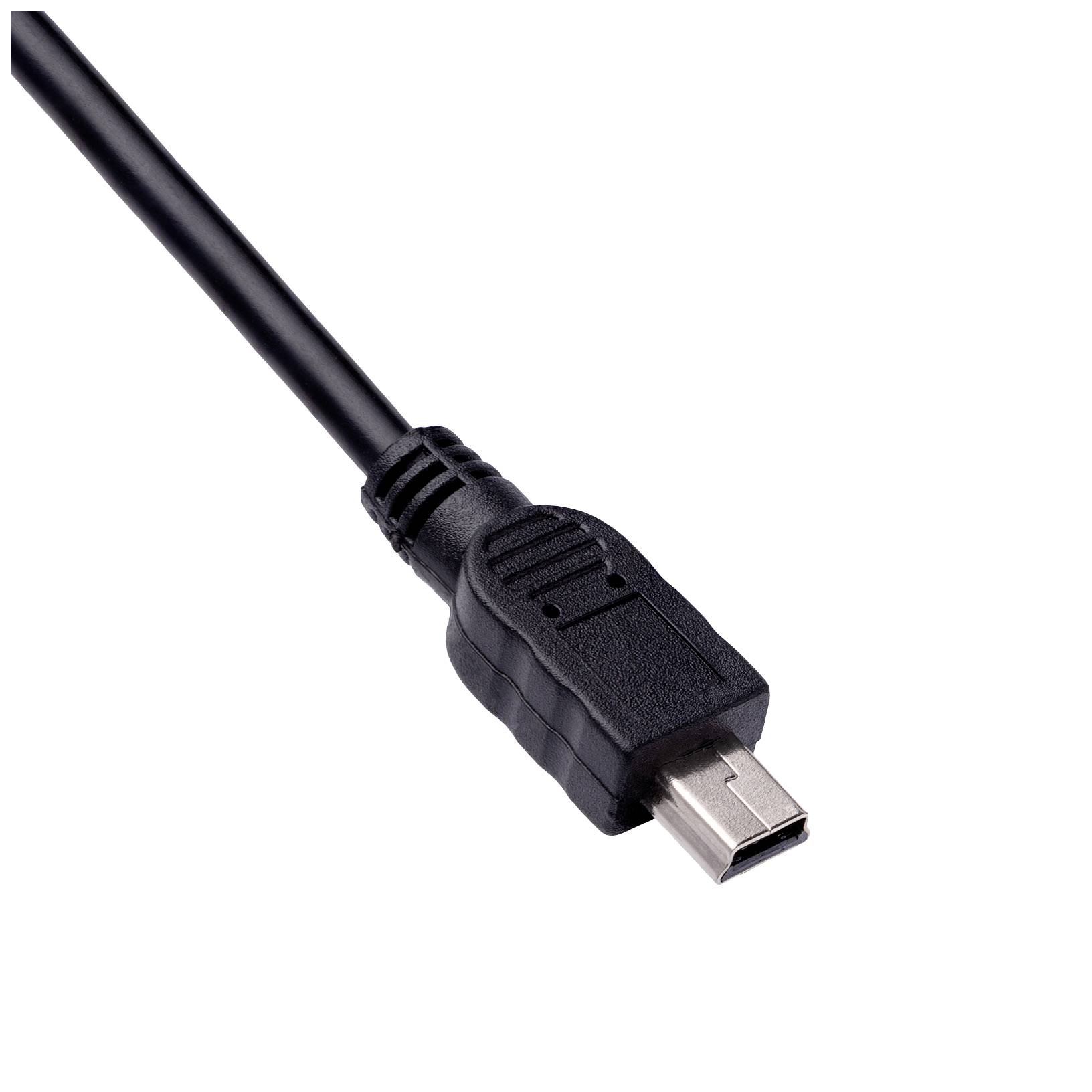 Czarny kabel z wtykiem Mini-USB do przesyłu danych lub ładowania.