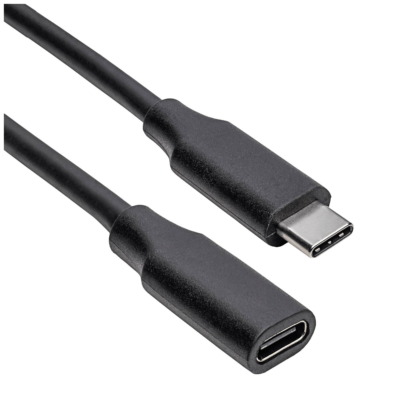 Dwa czarne wtyczki kabla USB-C, jedna z wejściem męskim, druga z wejściem żeńskim, na białym tle.