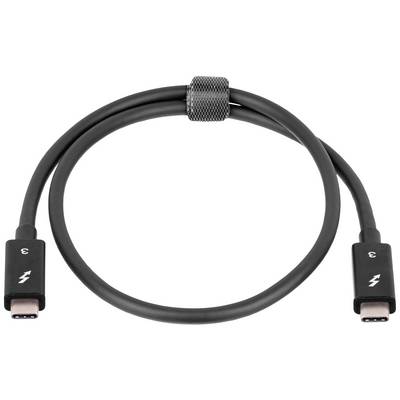 Czarny kabel Thunderbolt 3 z końcówkami USB-C na obu końcach, umożliwiający bezprzewodową transmisję danych i ładowanie.