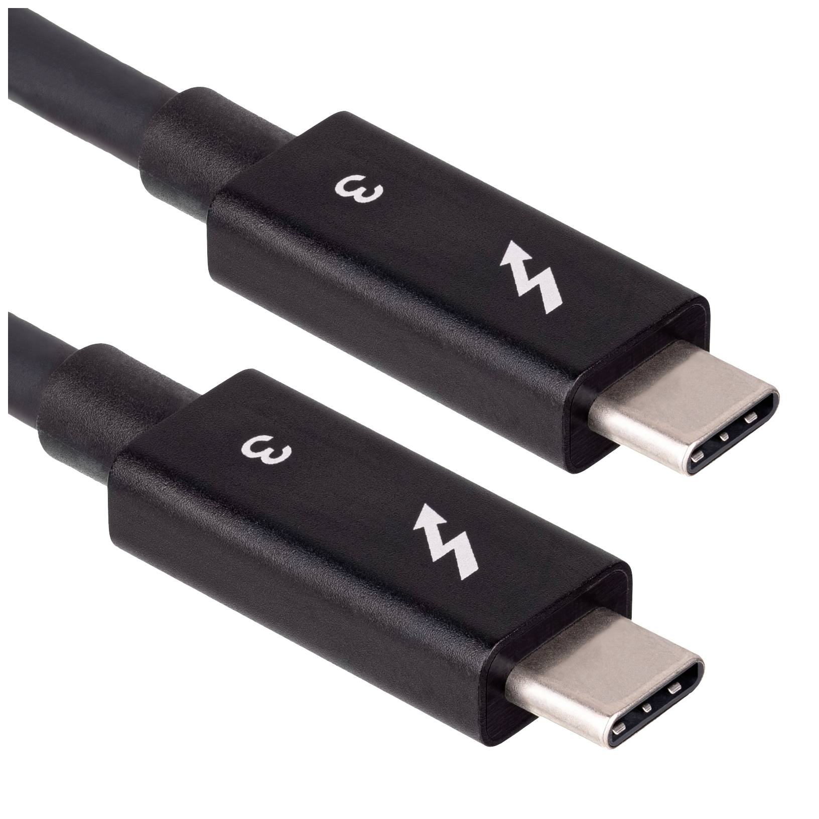 Dwa czarne kable z logo Thunderbolt i wtyczkami USB-C, prezentujące kompatybilność połączenia dla transmisji danych o wysokiej prędkości.