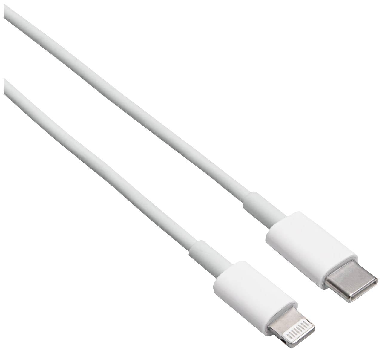 Dwa białe wtyczki kablowe: Po lewej wtyczka Lightning, po prawej wtyczka USB-C.