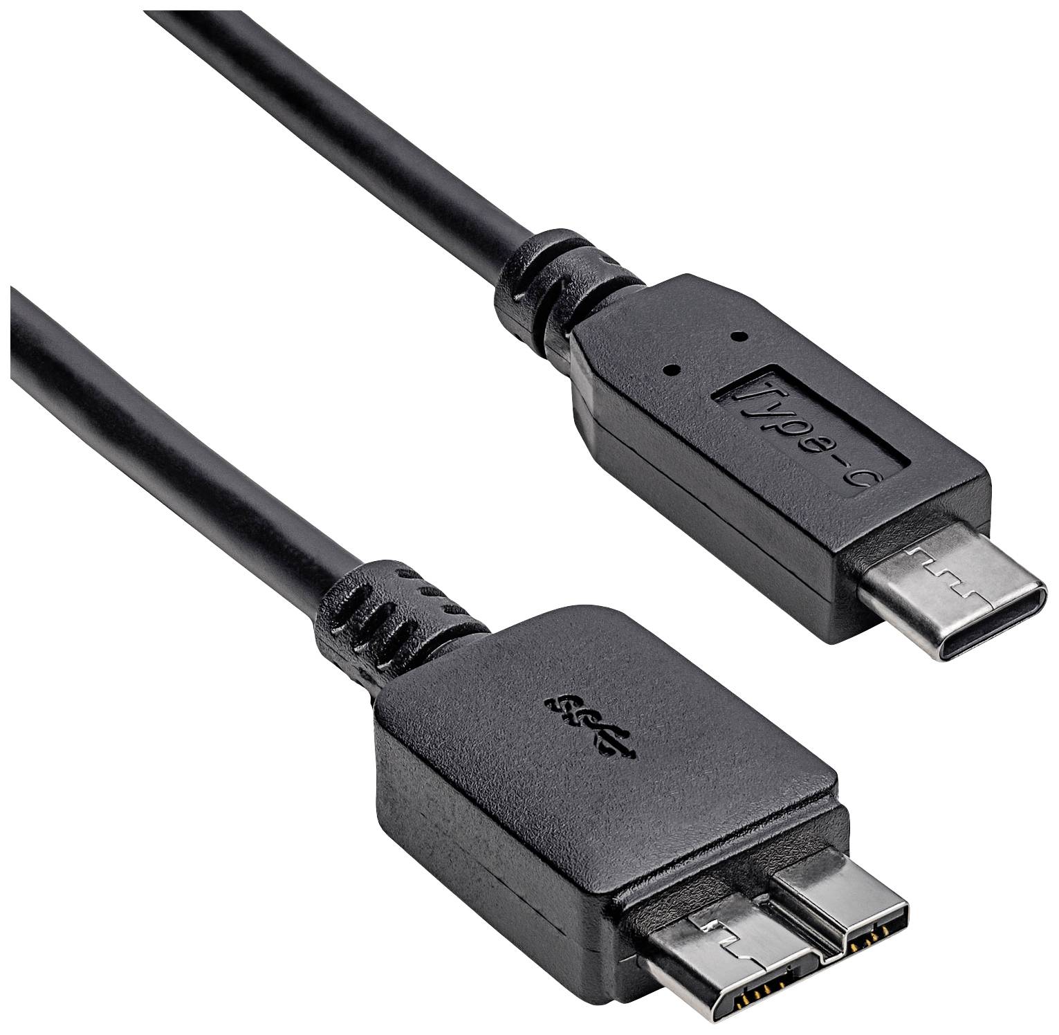 Dwa czarne kable: na górze wtyczka USB-C, na dole wtyczka USB 3.0 Micro-B.