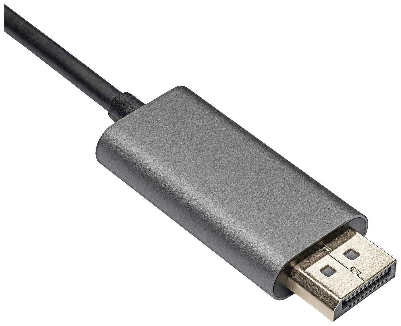 Szary kabel z wtyczką DisplayPort do podłączenia komputera z monitorem, widok szczegółowy wtyczki ze złotymi stykami.