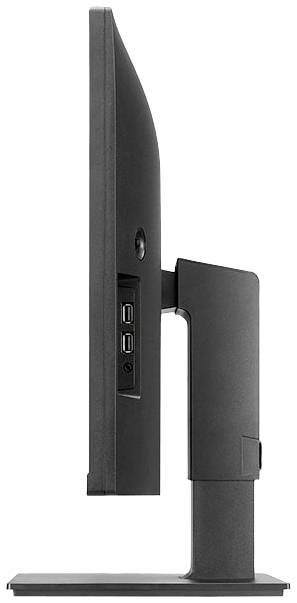 Widok z boku czarnego monitora komputerowego o smukłej sylwetce. Po bokach ekranu znajdują się dwa porty USB.