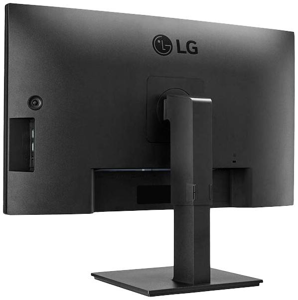 Monitor LG, widziany od tyłu, prezentuje logo na środku górnej części ekranu. Podstawa jest prosta i solidna w wykonaniu.