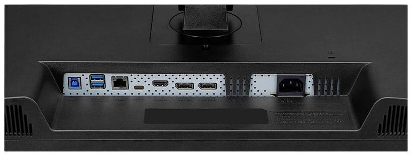 Tylna część monitora z różnymi złączami: USB, HDMI, złącze zasilania.