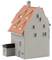 Model domu w kolorze szarym z pomarańczowo-czerwonym dachem, składający się z dwóch pięter i małej dobudówki.