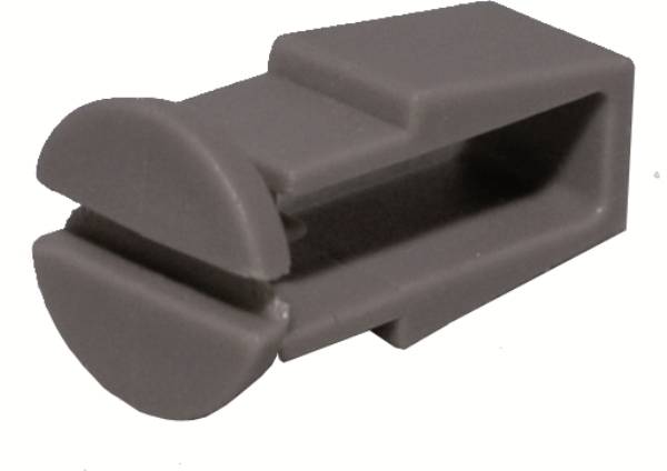 Szary, prostokątny klips plastikowy z otwartym wcięciem, odpowiedni do wiązania lub mocowania przewodów lub podobnych materiałów.