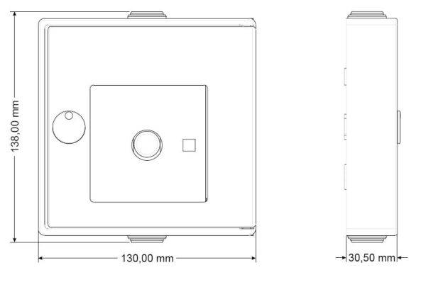 Rysunek techniczny obudowy kwadratowej o wymiarach 138 x 130 x 30,5 mm. Przedstawia widok z przodu i z boku.