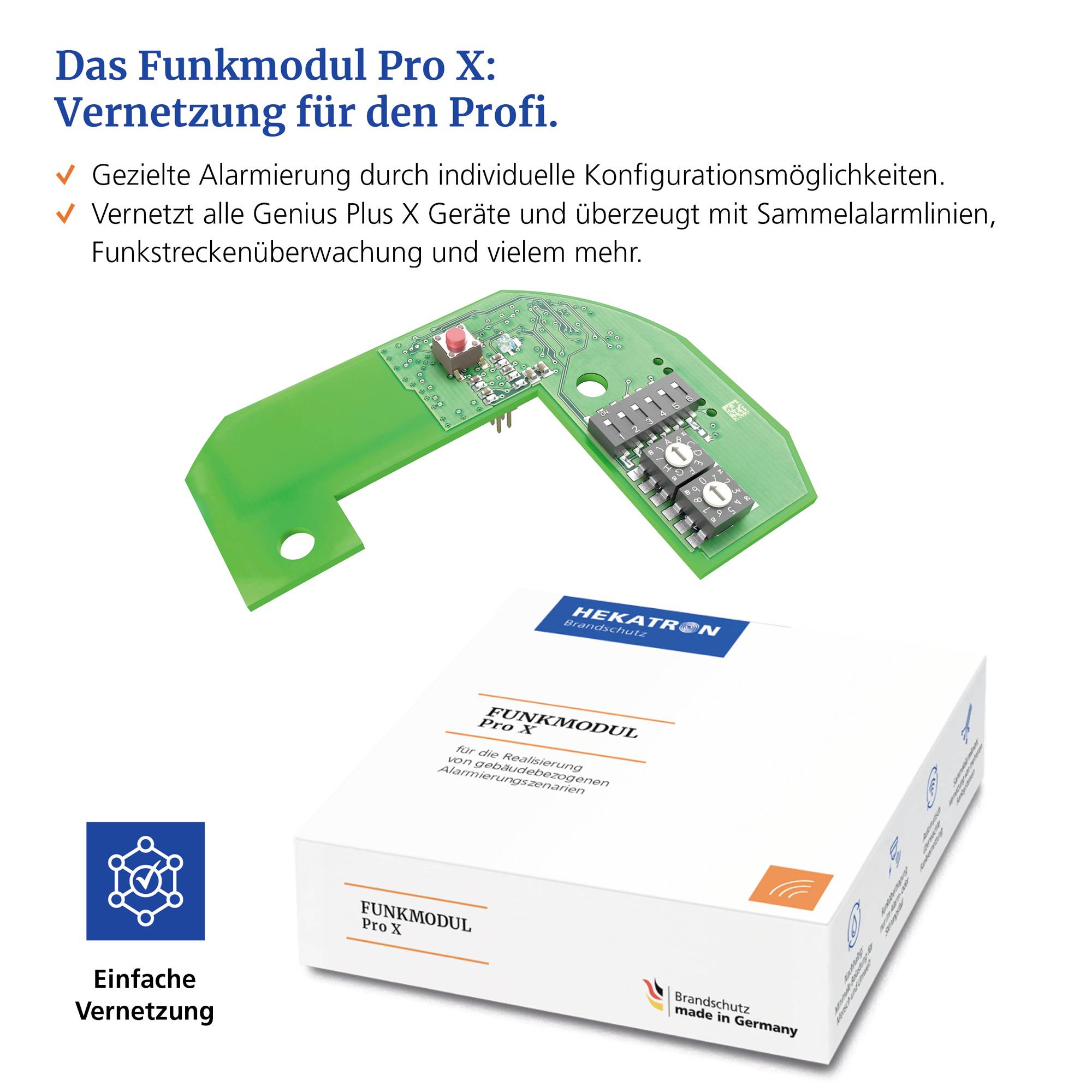 Moduł radiowy Pro X do łączenia urządzeń Genius Plus X z monitoringiem alarmowym. Obraz produktu i płytki włączony.