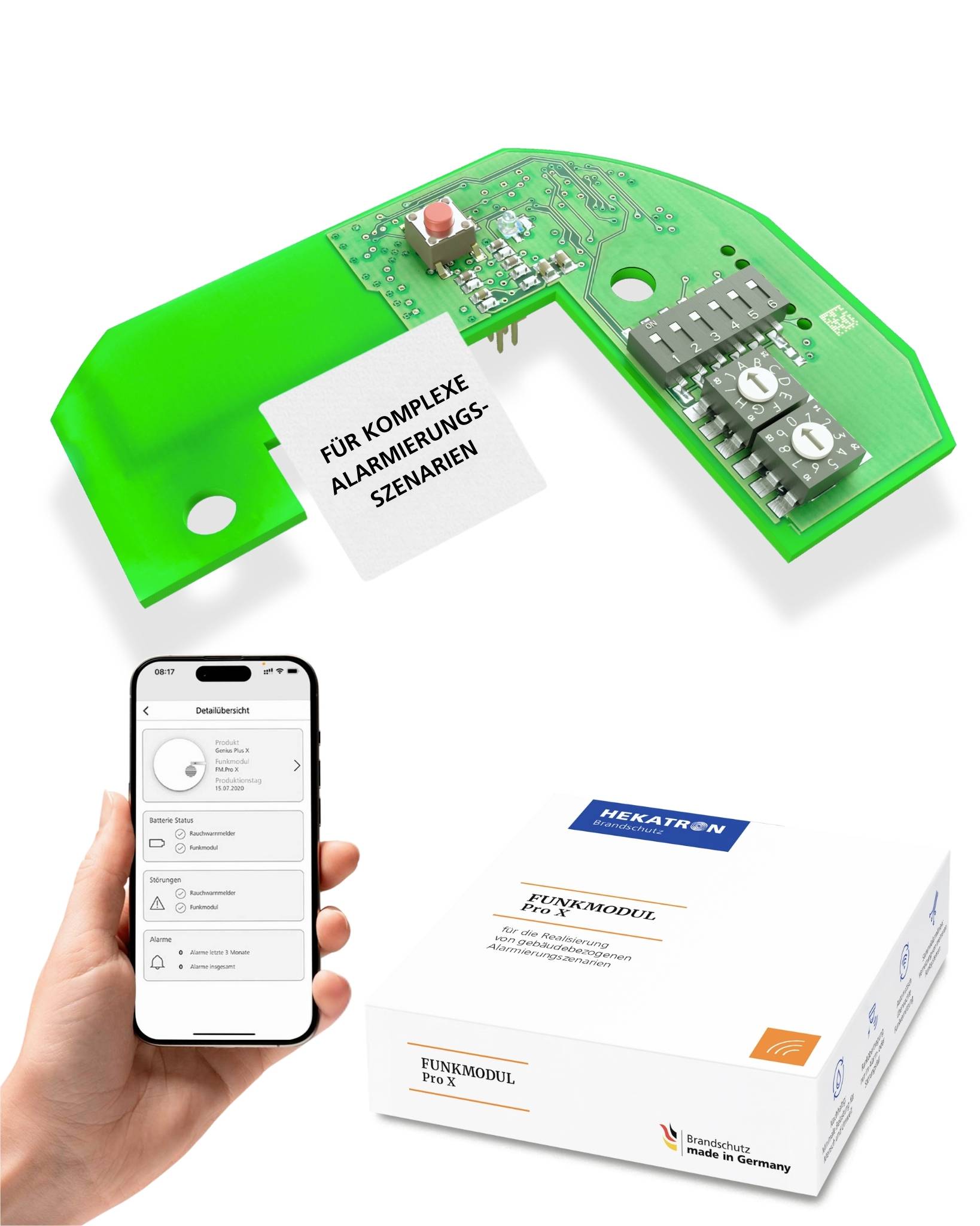 Zielona płytka drukowana z etykietą 'FÜR KOMPLEXE ALARMIERUNGS-SZENARIEN', smartfon wyświetlający powiązaną aplikację oraz pudełko Funkmodul.
