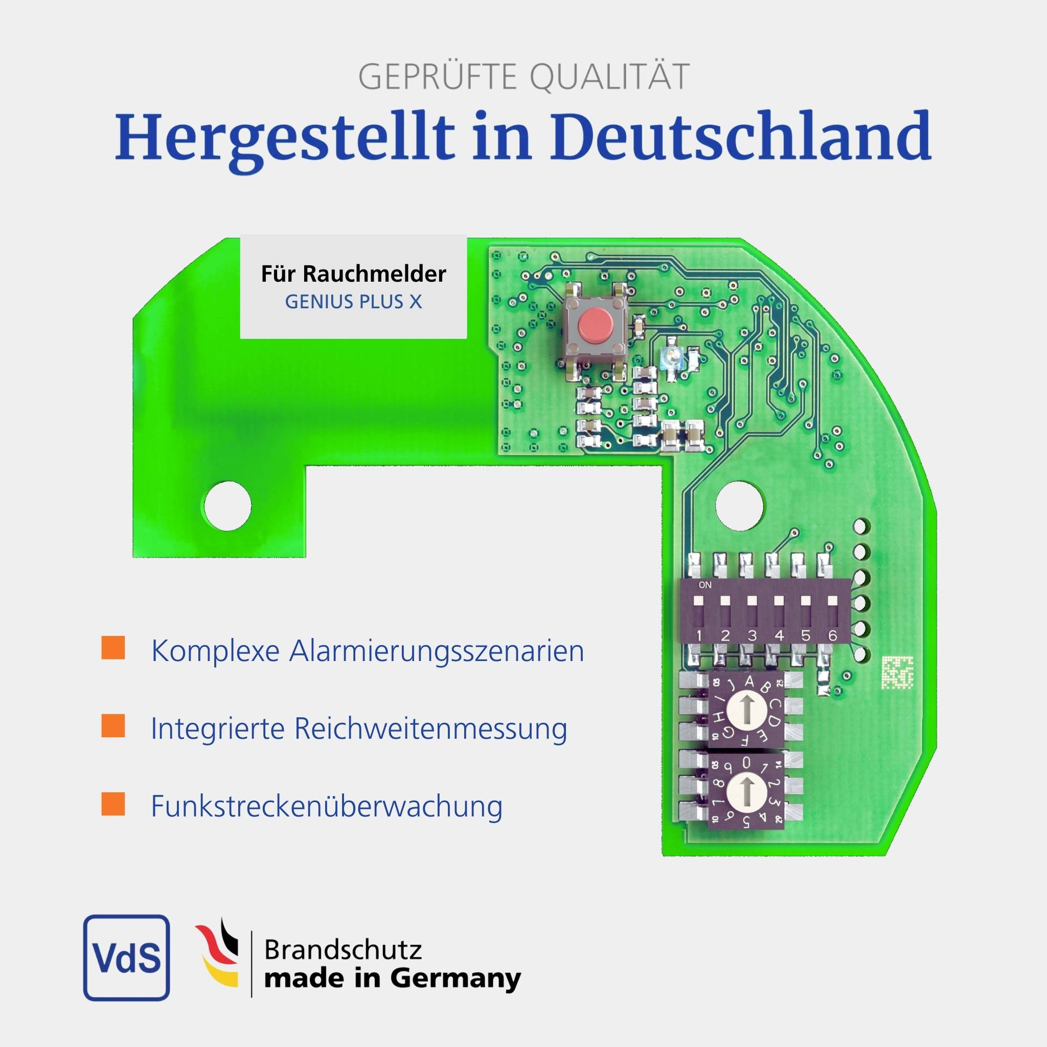 Płytka obwodu oznaczona 'Dla czujnika dymu GENIUS PLUS X', z tekstem dotyczącym scenariuszy alarmowych, pomiaru zasięgu i monitoringu radiowego.
