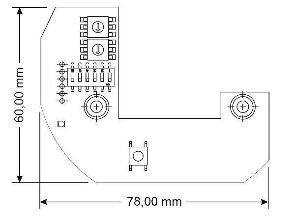 Rysunek techniczny prostokątnego elementu z wycięciami w kształcie litery L; wymiary 60,00 mm x 78,00 mm; otwory i punkty przyłączeniowe.