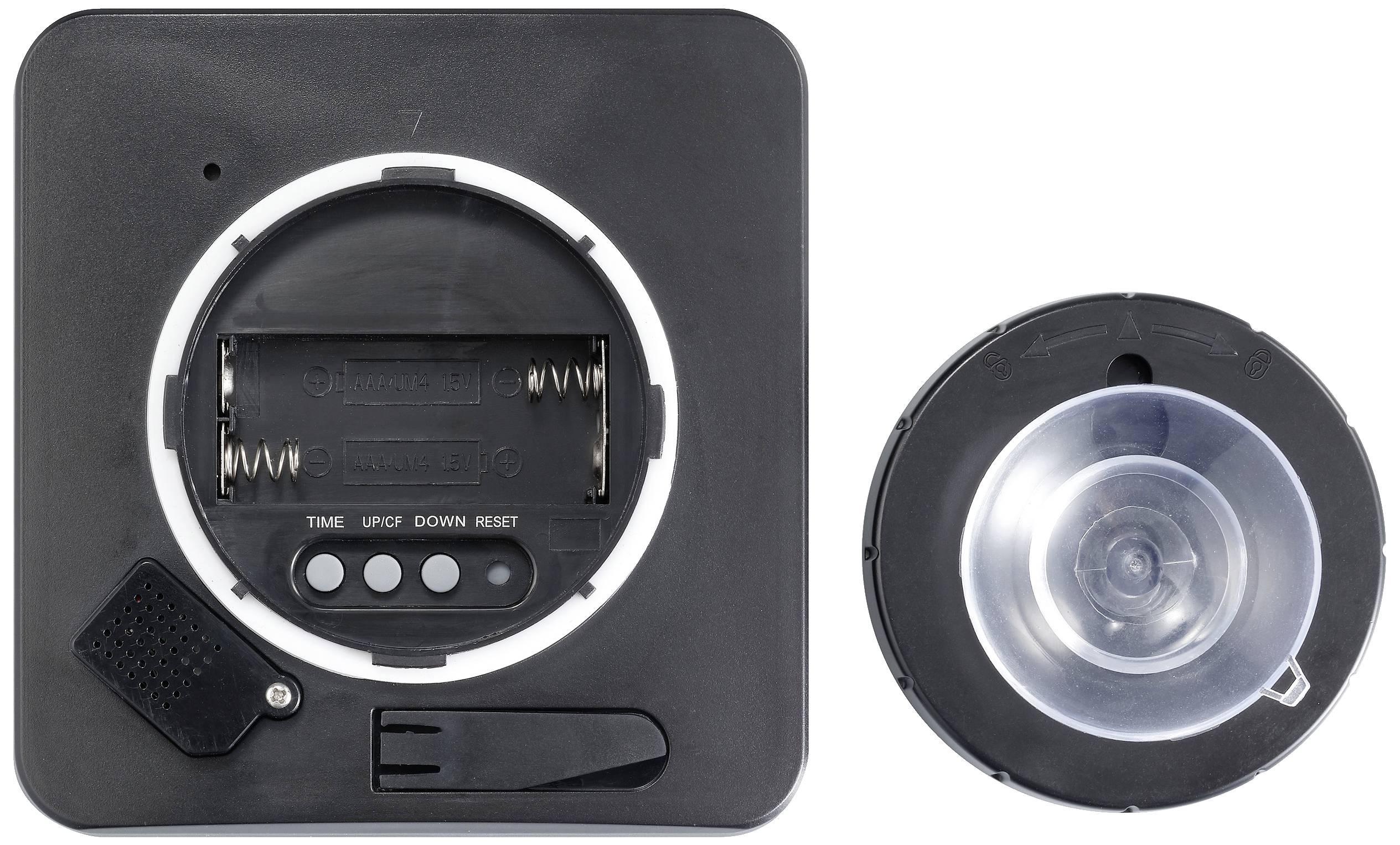 Elektroniczne urządzenie z komorą baterii i trzema przyciskami do ustawień. Obok po prawej stronie okrągły, przezroczysty pojemnik.