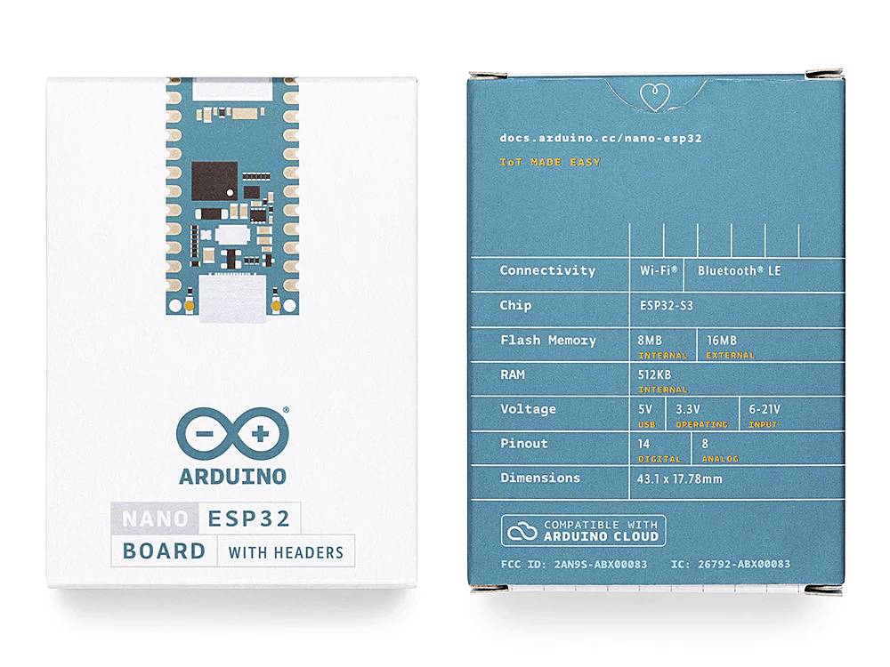 Płytka Arduino Nano ESP32 w opakowaniu. Tył opakowania przedstawia specyfikację techniczną: Wi-Fi, Bluetooth, 8MB Flash, 512KB RAM.