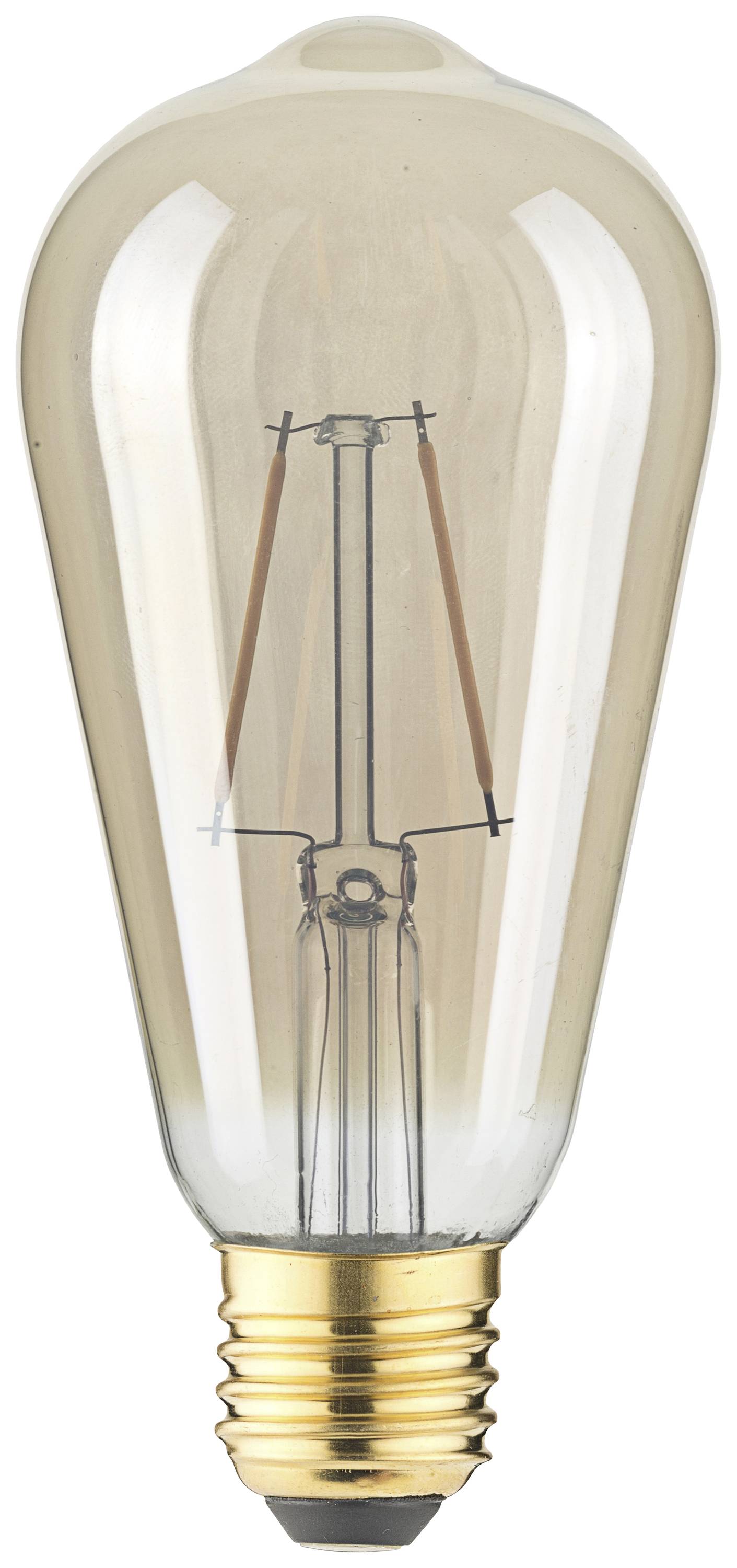 Przezroczysta żarówka z widocznym wolframowym włóknem i metalową oprawką.