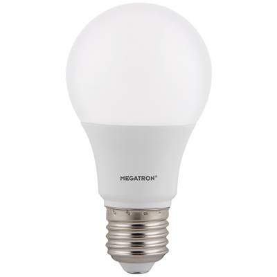 Biała żarówka LED z gwintem E27, wyśrodkowana na białym tle, z napisem "MEGATRON".