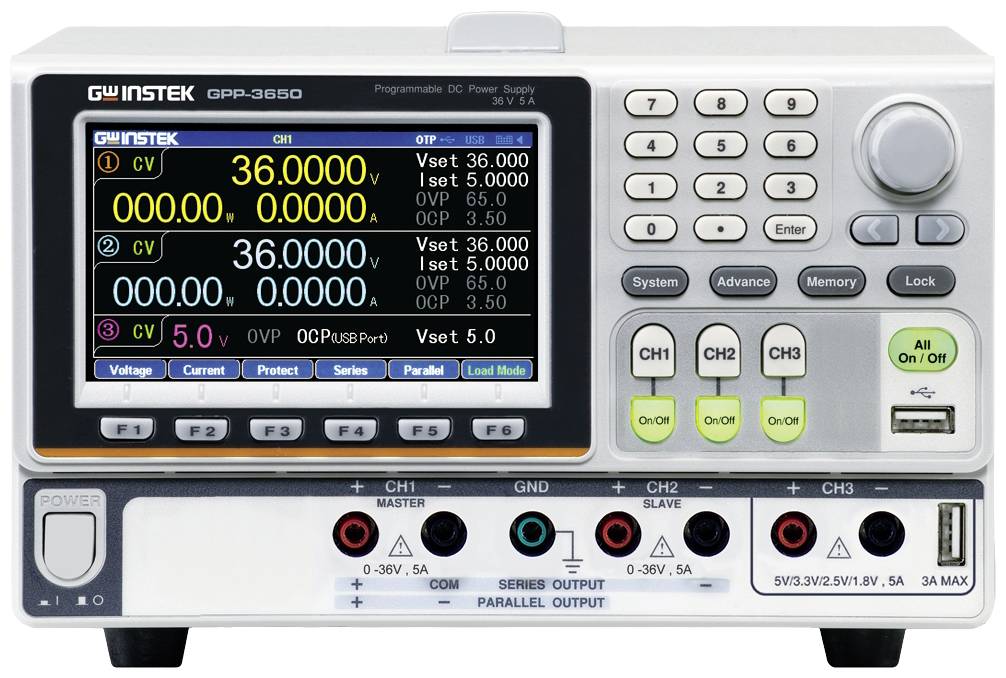 Zasilanie laboratoryjne z wielokolorowym wyświetlaczem pokazuje ustawienia napięcia i prądu, posiada przyciski sterujące oraz złącza umieszczone na dole.
