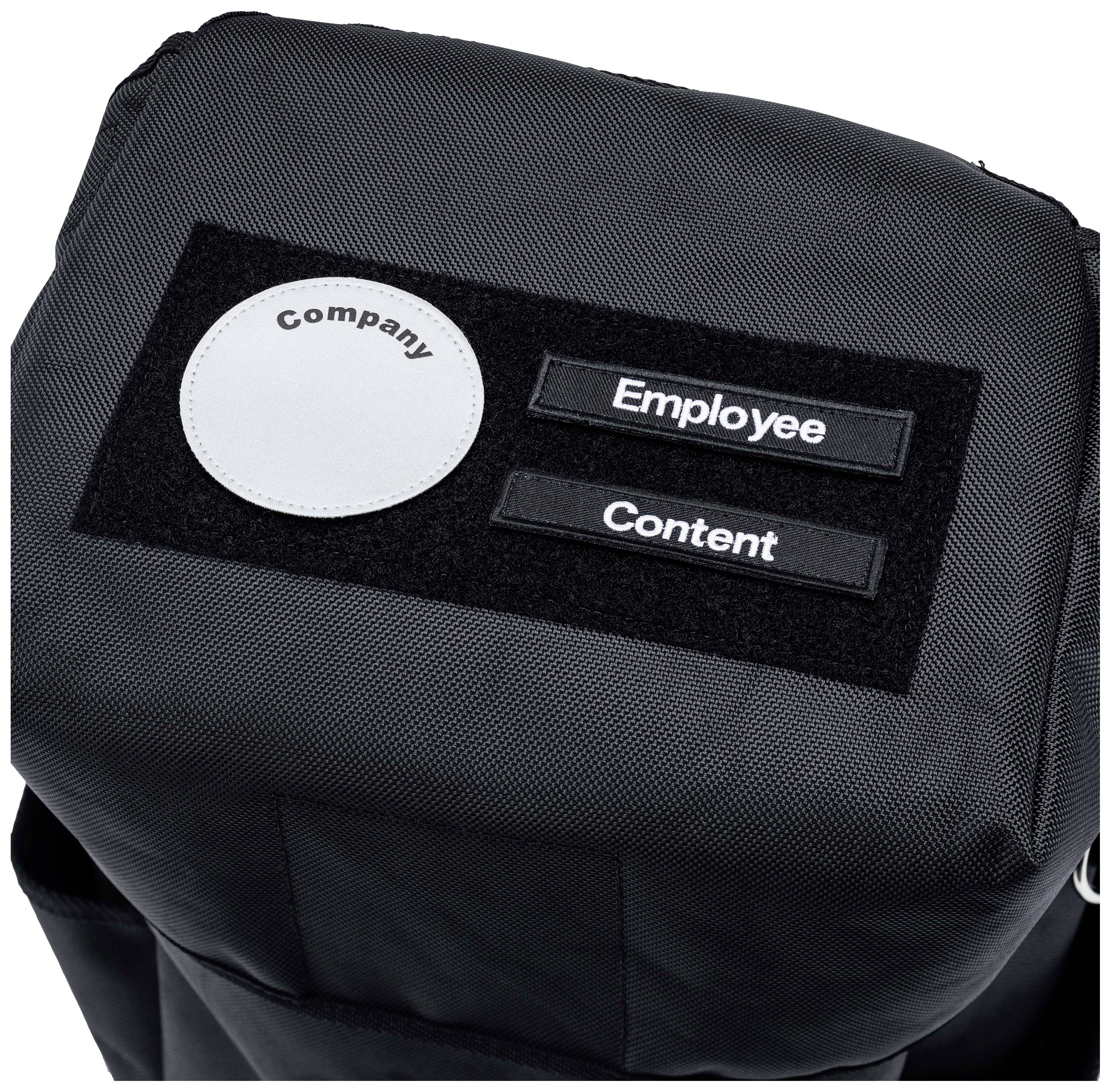 Czarna torba z trzema zapięciami na rzepy, opisana napisami 'Company', 'Employee' i 'Content'.