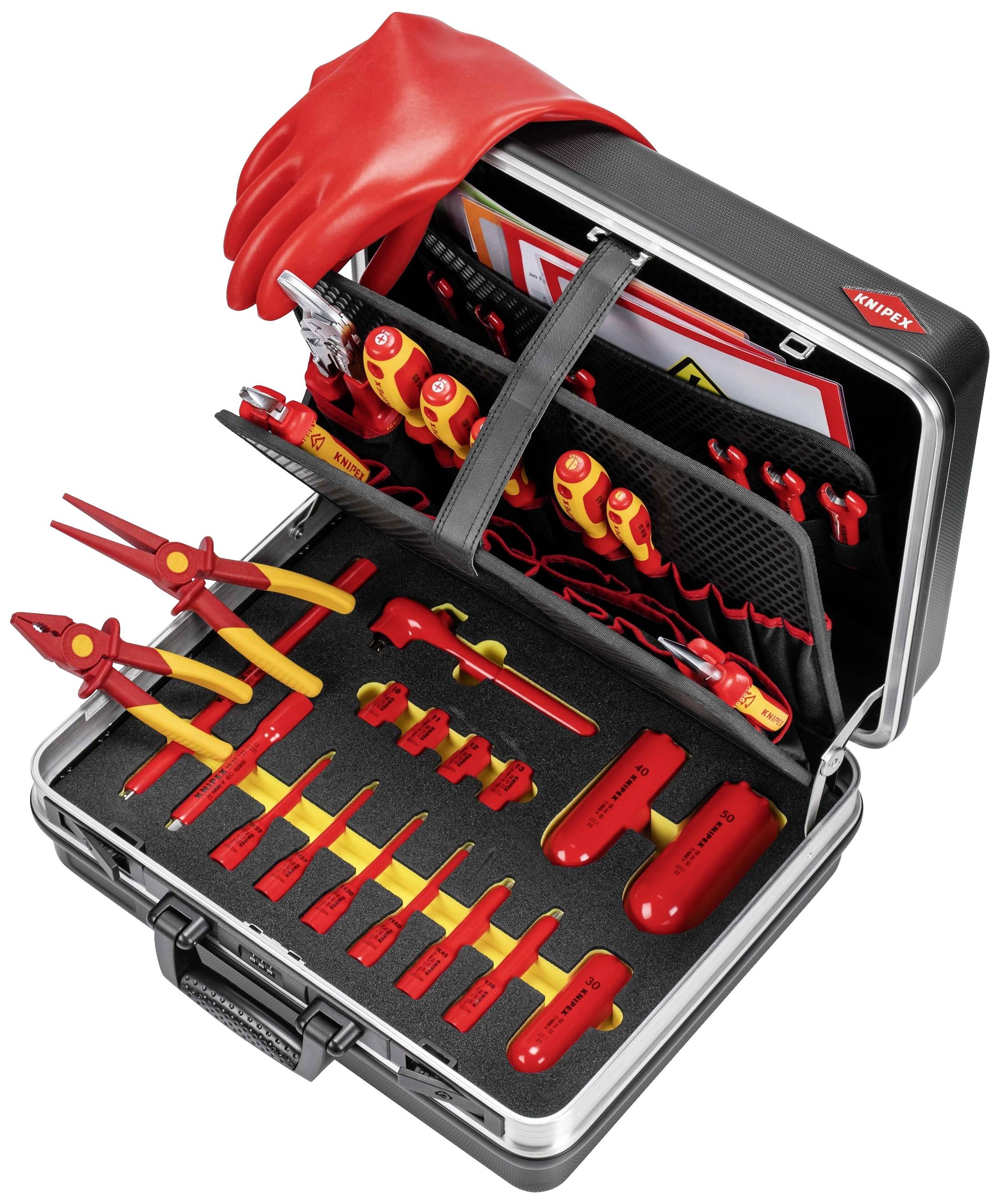 Otwarty kufer narzędziowy z izolowanymi narzędziami elektrycznymi i czerwonymi rękawicami ochronnymi, gotowy do prac elektrycznych.