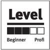 Czarno-białe zdjęcie pikselowe z napisem 'Poziom', poniżej pasek z kwadracikami. Dwa wypełnione kwadraciki: 'Początkujący', niewypełniony: 'Profesjonalista'.