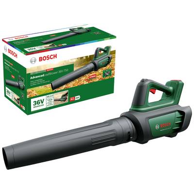 Bosch Akumulatorowy Dmuchawa do liści, model 36V/750. Czarne i zielone odcienie barw z czerwonym logo Bosch. Zapakowany w kolorowe pudełko kartonowe.