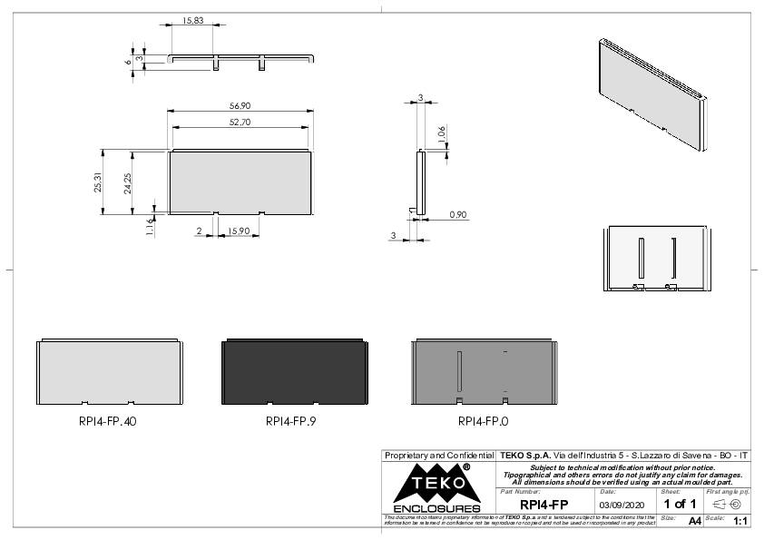 Rysunek techniczny obudowy prostokątnej 'RP14-FP'. Zawiera wymiary, widok z przodu i z boku oraz przykłady kolorów w odcieniach szarości i czerni.
