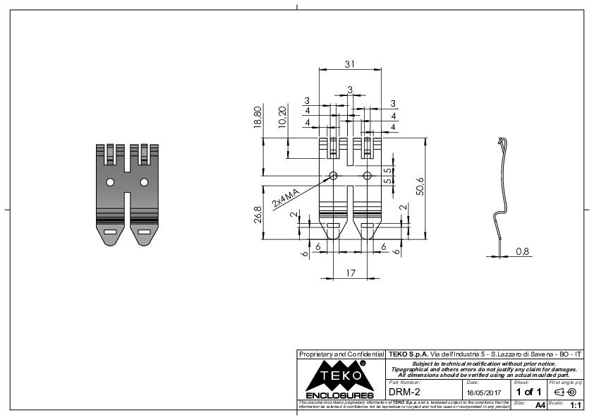 'Rysunek techniczny uchwytu. Zawiera wymiary: 19,82 mm, 46 mm, 11 mm szerokości. Przedstawiono widoki boczne i czołowe.'