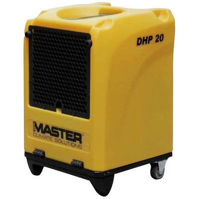Żółty, przenośny osuszacz powietrza "DHP 20" na kółkach; marka "Master Climate Solutions". Przeznaczony głównie do zastosowań na budowach lub w wilgotnych pomieszczeniach.