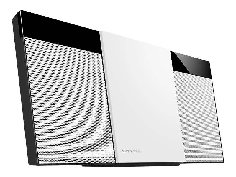 Płaski, mocowany na ścianie system stereo Panasonic w kolorach czarnym i białym, idealny do nowoczesnego domu.