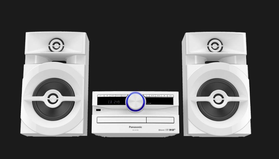 Biała instalacja stereo z dwoma głośnikami i urządzeniem głównym pośrodku. Na wyświetlaczu widać napis 'CD' oraz '1 : 29'.