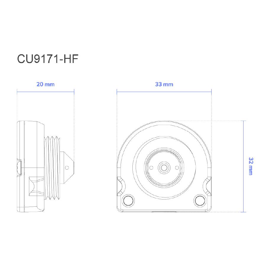 Rysunek techniczny części CU9171-HF z wymiarami: 20 mm szerokości, 33 mm wysokości, 32 mm głębokości. Przedstawia widoki szczegółowe z przodu i z boku.