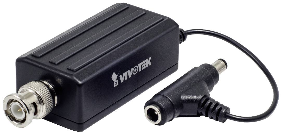 Czarny adapter wideo BNC z przewodem i logo VIVOTEK.