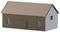 Prosty budynek z szarymi ścianami i brązowym dachem dwuspadowym. Posiada kilka okien i szerokie drzwi od strony frontowej.