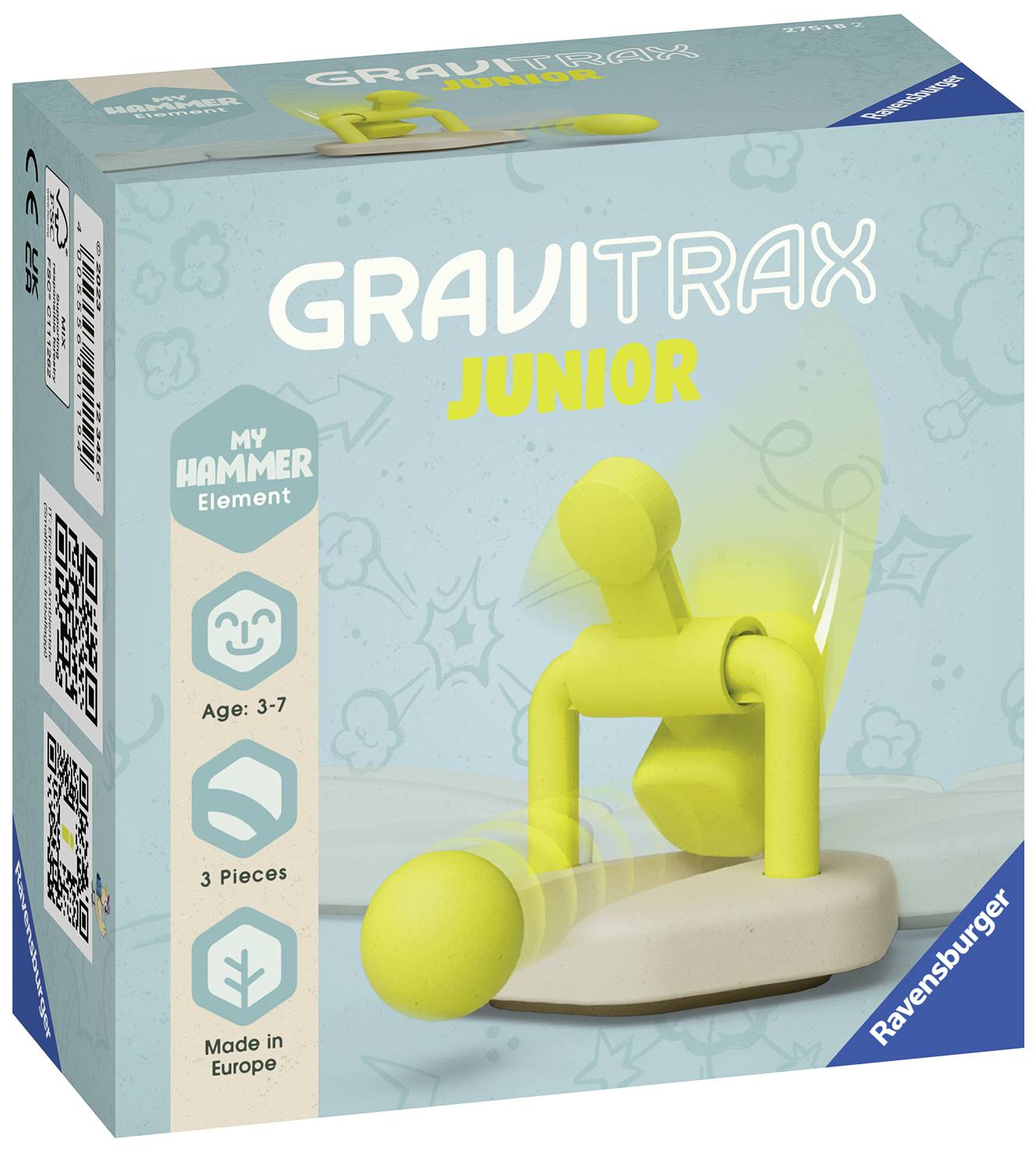 Opakowanie zabawki 'Gravitrax Junior'. Zawiera element młotka dla dzieci w wieku od 3 do 7 lat. Wyprodukowane w Europie.