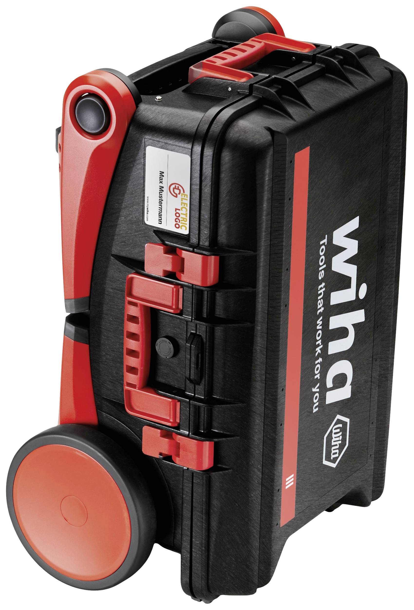 Walizka narzędziowa Wiha z czerwonymi uchwytami i kółkami, stojąca pionowo. Widoczne naklejki i napis "Tools that work for you".