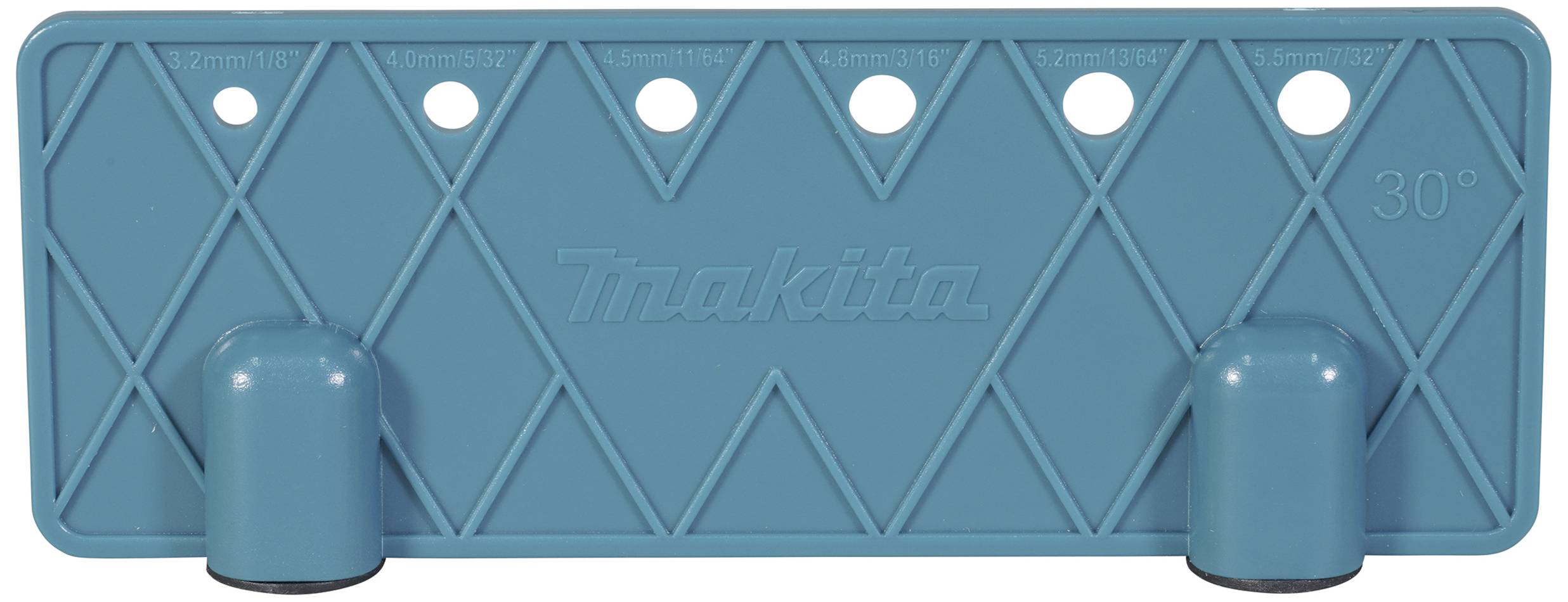 Turkusowy element plastikowy z napisem 'Makita', z pięcioma otworami i dwoma okrągłymi podstawkami od spodu. Przeznaczony do zastosowań narzędziowych.