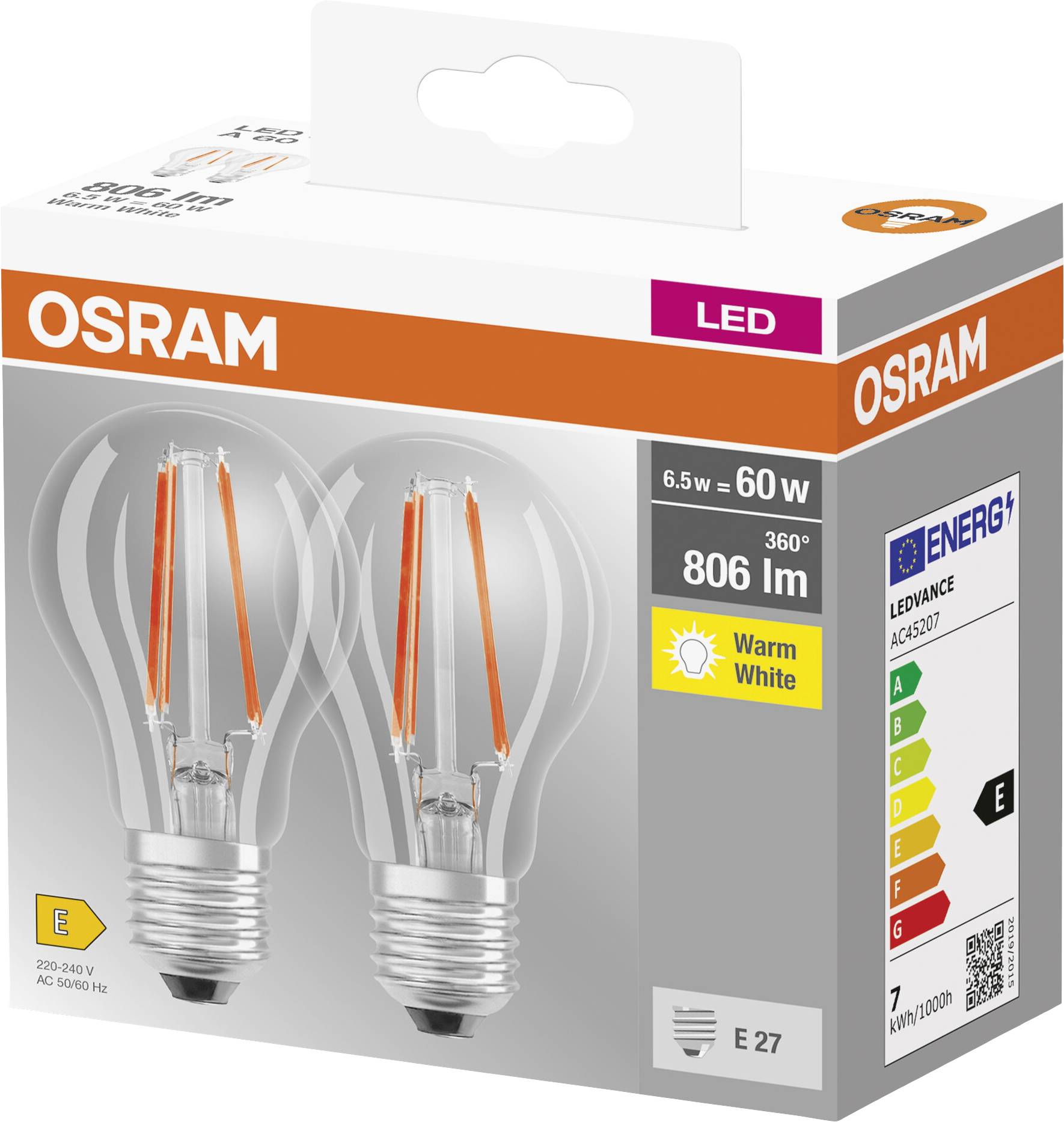Светодиодная лампа OSRAM HOMELIGHTING 4099854064098 E-27 7 Вт = 60 Вт 806 лм теплый белый 2 шт.