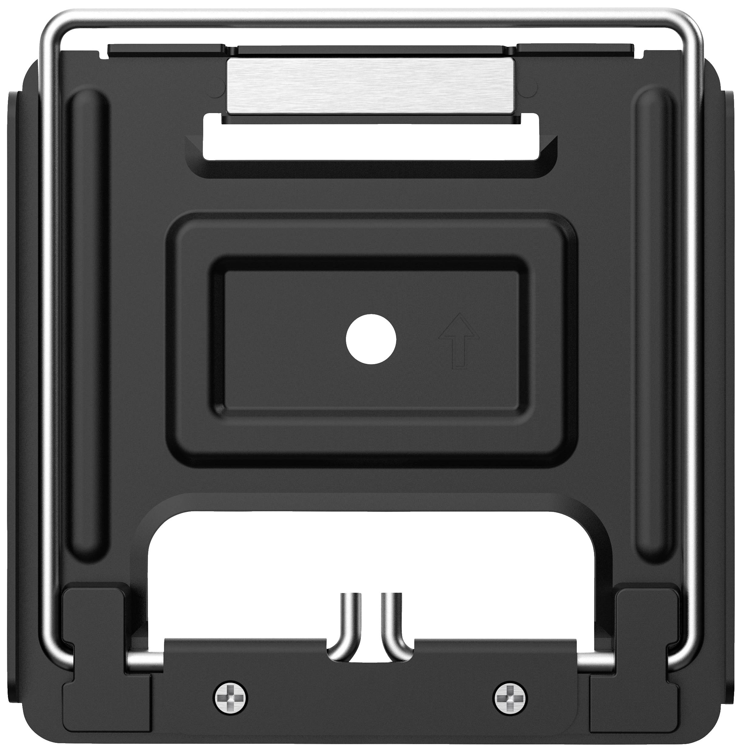 Czarna, prostokątna metalowa wspornik z centralnym otworem i dwoma dolnymi śrubami, odpowiednia do zamocowania na powierzchni.