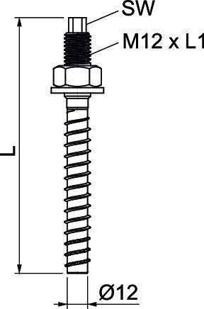 Rysunek techniczny śruby gwintowanej. Wymiary: M12 x L1 oraz średnica Ø12, przedstawiający szerokość klucza (SW).
