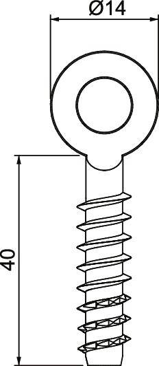 Rysunek techniczny śruby z uchem. Wymiary: Ø14 i 40 mm. Śruba z główką pierścieniową i gwintem.