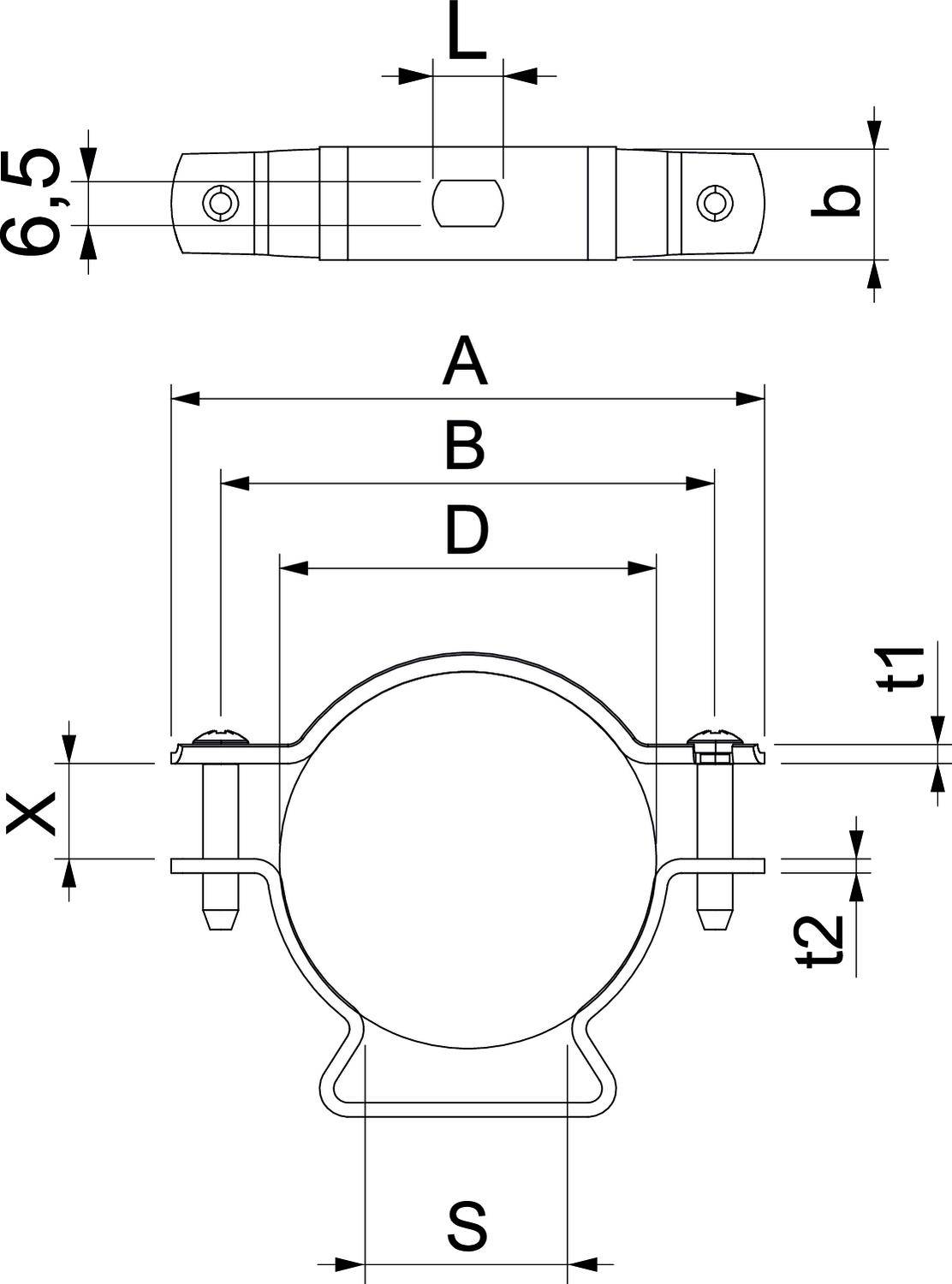 Rysunek techniczny obejmy rurowej z wymiarami: L, b, A, B, D, t1, t2, S, X oraz 6,5. Przedstawia gabaryty i projekt obejmy.