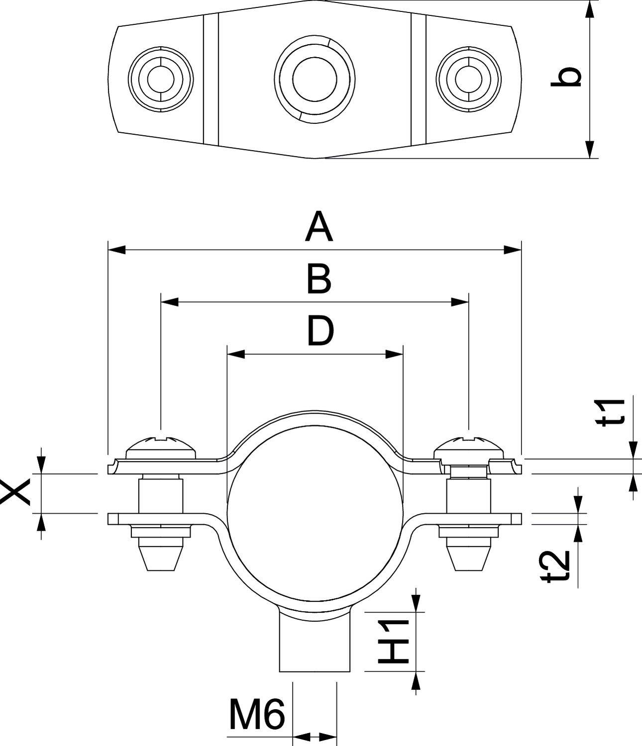 Rysunek techniczny uchwytu obejmy rurowej z wymiarami A, B, D, T1, T2, X, H1 oraz śrubą M6. Widok z góry i widok z boku.